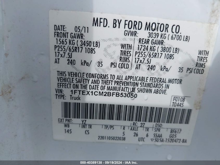 2011 Ford F-150 Stx VIN: 1FTEX1CM2BFB53050 Lot: 40389138