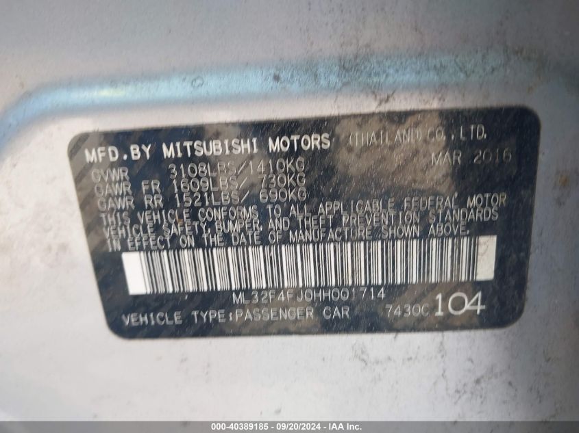 2017 Mitsubishi Mirage G4 Se VIN: ML32F4FJ0HH001714 Lot: 40389185