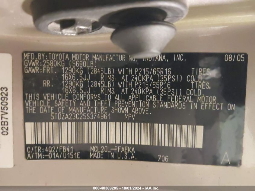 5TDZA23C25S374961 2005 Toyota Sienna Le