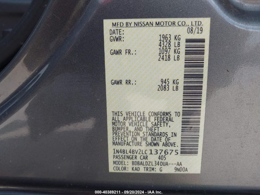 2020 Nissan Altima S Fwd VIN: 1N4BL4BV2LC137675 Lot: 40389211