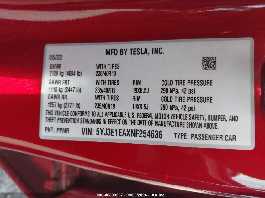 2022 Tesla Model 3 VIN: 5YJ3E1EAXNF254636 Lot: 40389257