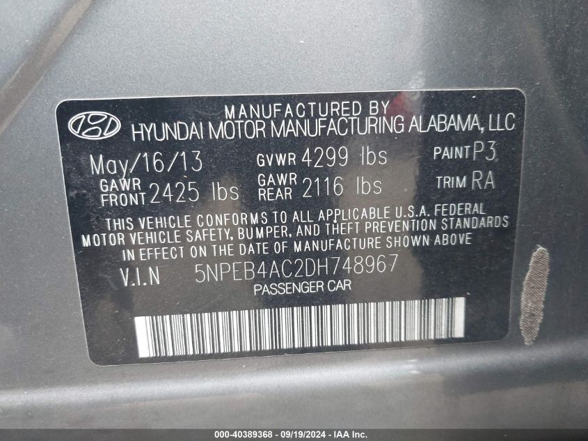 5NPEB4AC2DH748967 2013 Hyundai Sonata Gls