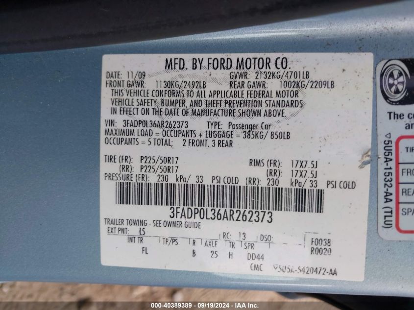 2010 Ford Fusion Hybrid VIN: 3FADP0L36AR262373 Lot: 40389389