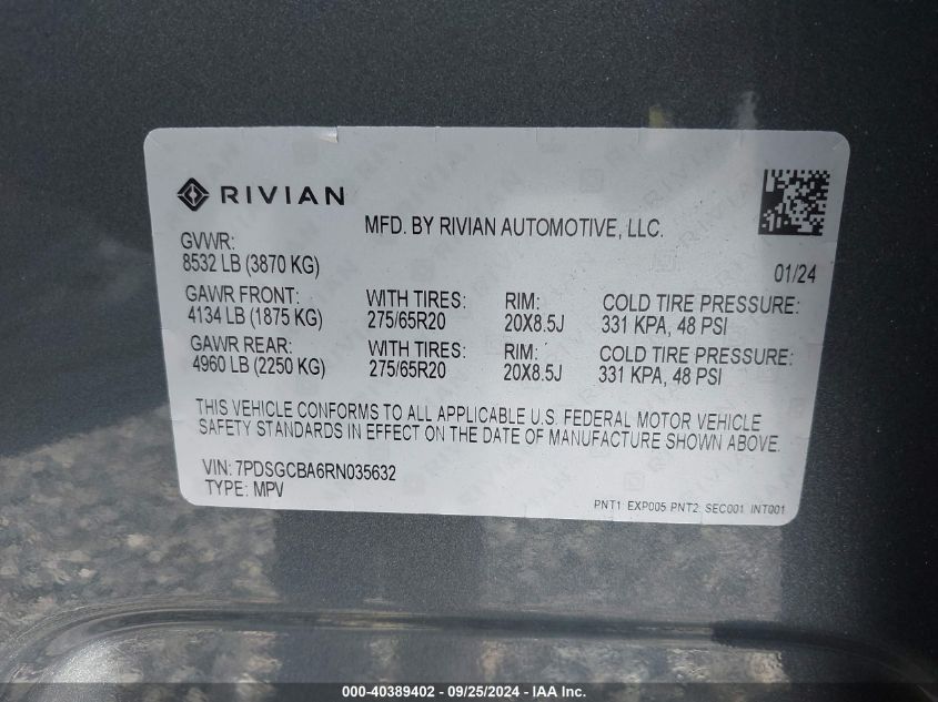 2024 Rivian R1S Adventure Dual Motor Max Pack/Adventure Dual Motor Perf Max Pack VIN: 7PDSGCBA6RN035632 Lot: 40389402