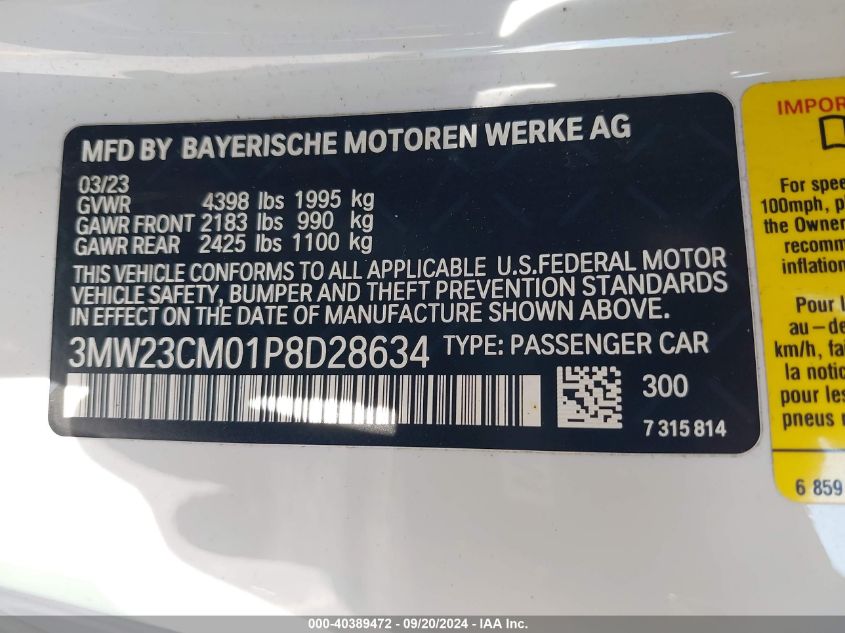 2023 BMW 230 I VIN: 3MW23CM01P8D28634 Lot: 40389472