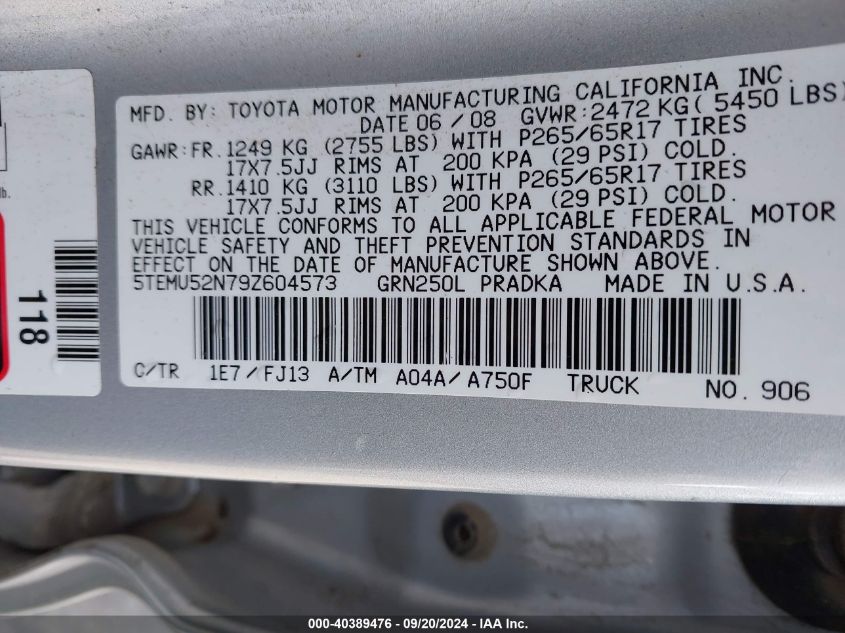 5TEMU52N79Z604573 2009 Toyota Tacoma Base V6