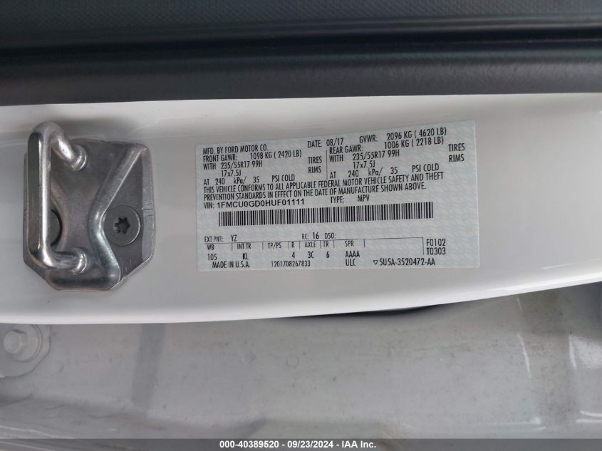 1FMCU0GD0HUF01111 2017 Ford Escape Se