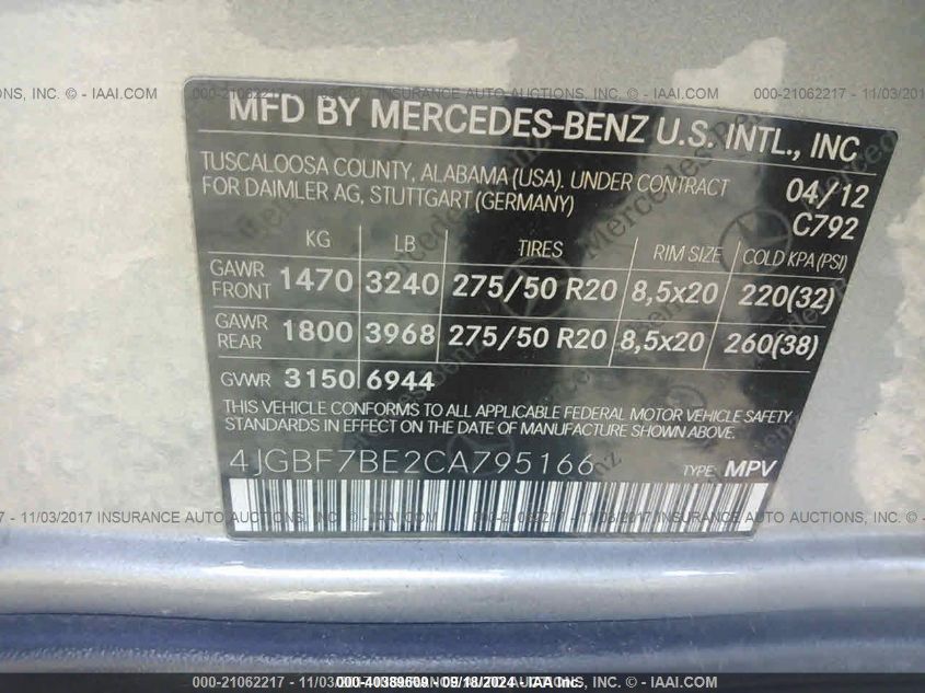 4JGBF7BE2CA795166 2012 Mercedes-Benz Gl 450 4Matic