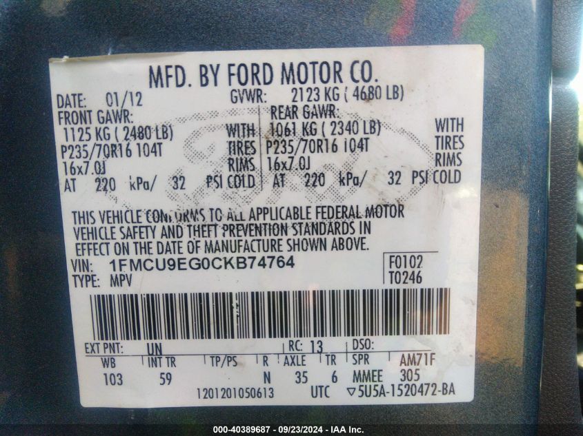 1FMCU9EG0CKB74764 2012 Ford Escape Limited