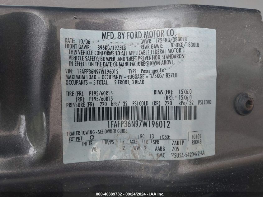 1FAFP36N97W196012 2007 Ford Focus Se/Ses