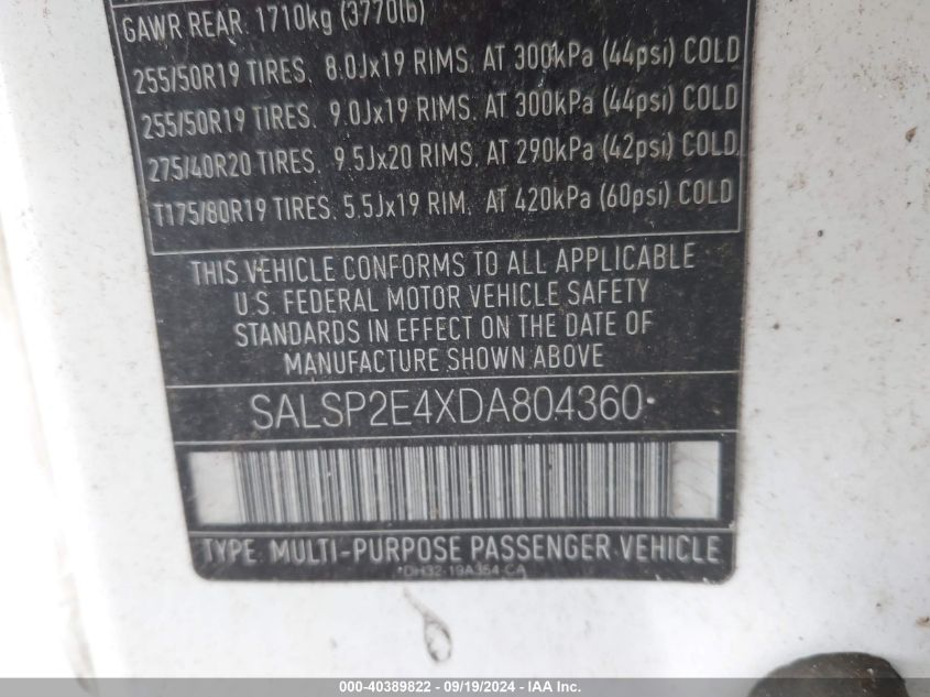 2013 Land Rover Range Rover Sport Supercharged VIN: SALSP2E4XDA804360 Lot: 40389822
