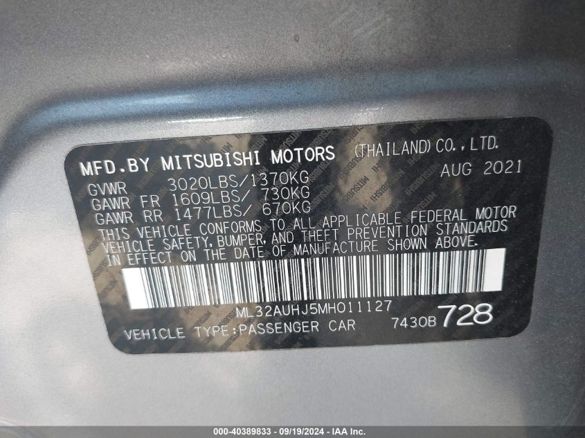 2021 Mitsubishi Mirage Carbonite Edition/Es/Le VIN: ML32AUHJ5MH011127 Lot: 40389833