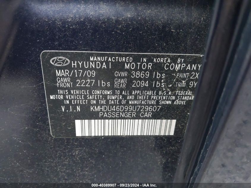 2009 Hyundai Elantra Gls VIN: KMHDU46D99U729607 Lot: 40389907