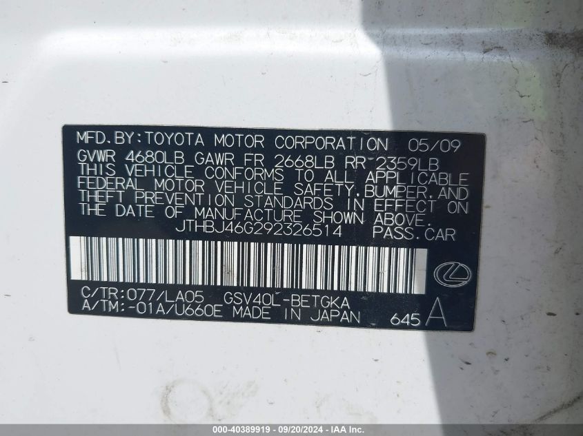 JTHBJ46G292326514 2009 Lexus Es 350