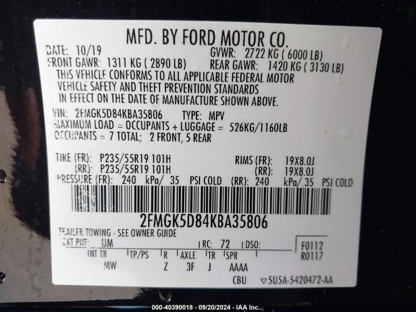 2FMGK5D84KBA35806 2019 Ford Flex Limited