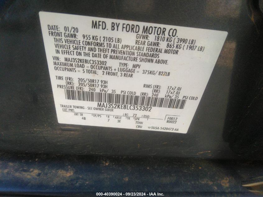 2020 Ford Ecosport Titanium VIN: MAJ3S2KE8LC353302 Lot: 40390024