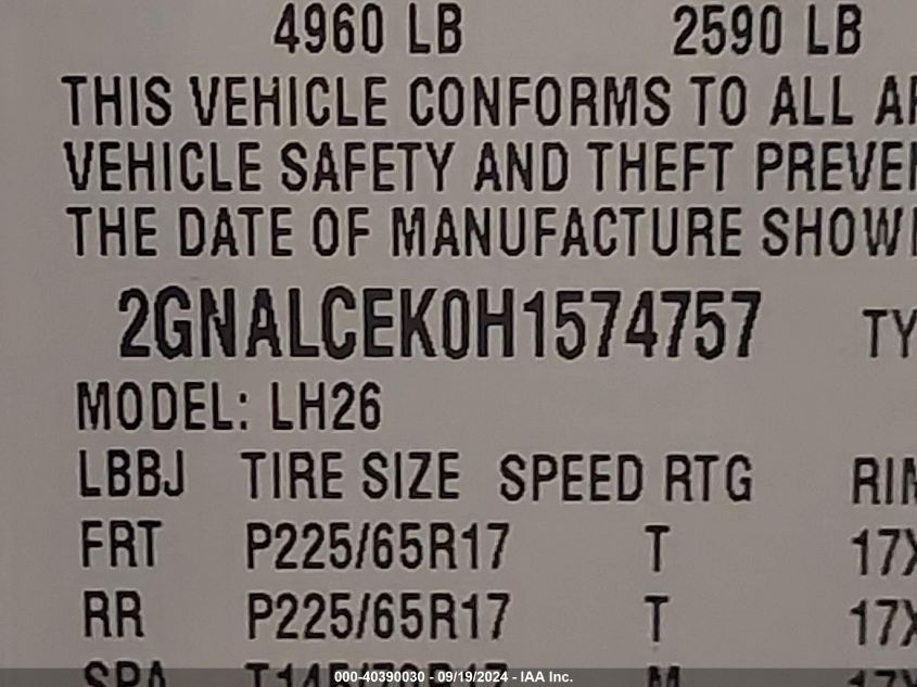 2GNALCEK0H1574757 2017 Chevrolet Equinox Lt