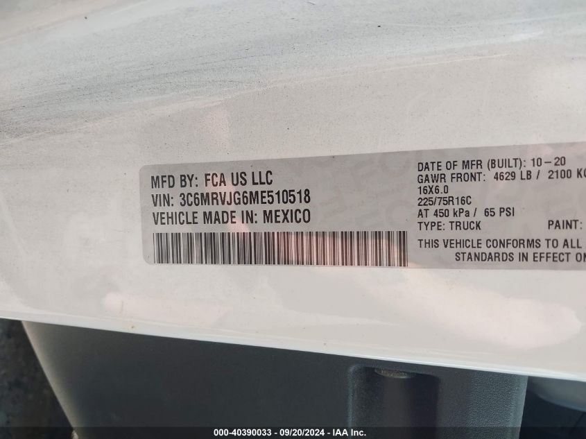 2021 Ram Promaster 3500 Cargo Van High Roof 159 Wb Ext VIN: 3C6MRVJG6ME510518 Lot: 40390033