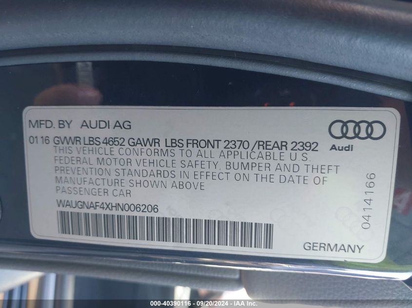 2017 AUDI A4 2.0T PREMIUM - WAUGNAF4XHN006206