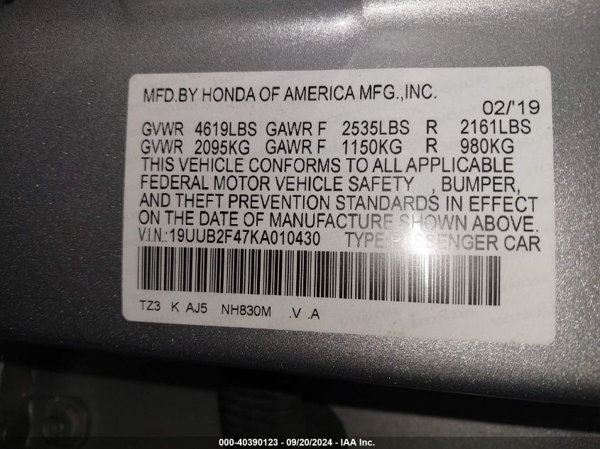 19UUB2F47KA010430 2019 Acura Tlx Tech Pkg