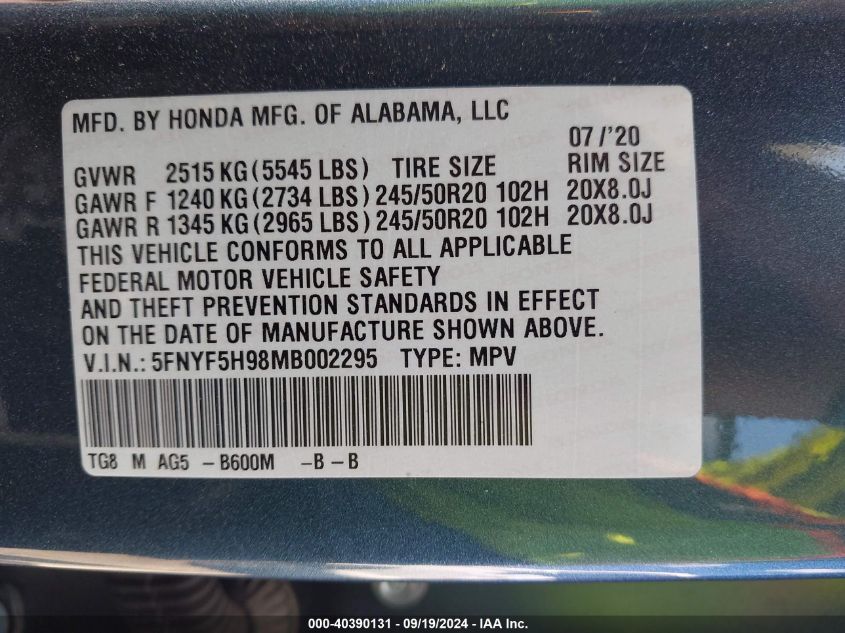 2021 Honda Pilot 2Wd Touring 8 Passenger VIN: 5FNYF5H98MB002295 Lot: 40390131