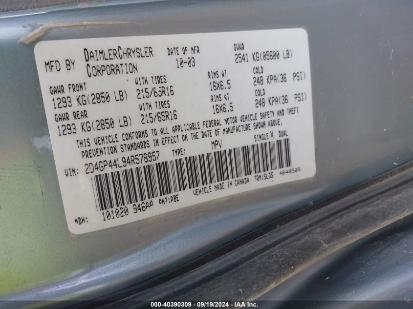 2D4GP44L94R578957 2004 Dodge Grand Caravan Sxt