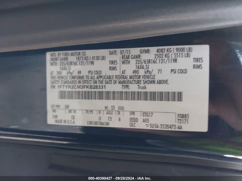 2015 Ford Transit-250 VIN: 1FTYR2CM3FKB28331 Lot: 40390427