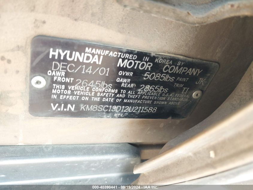 KM8SC13D12U211588 2002 Hyundai Santa Fe Gls/Lx