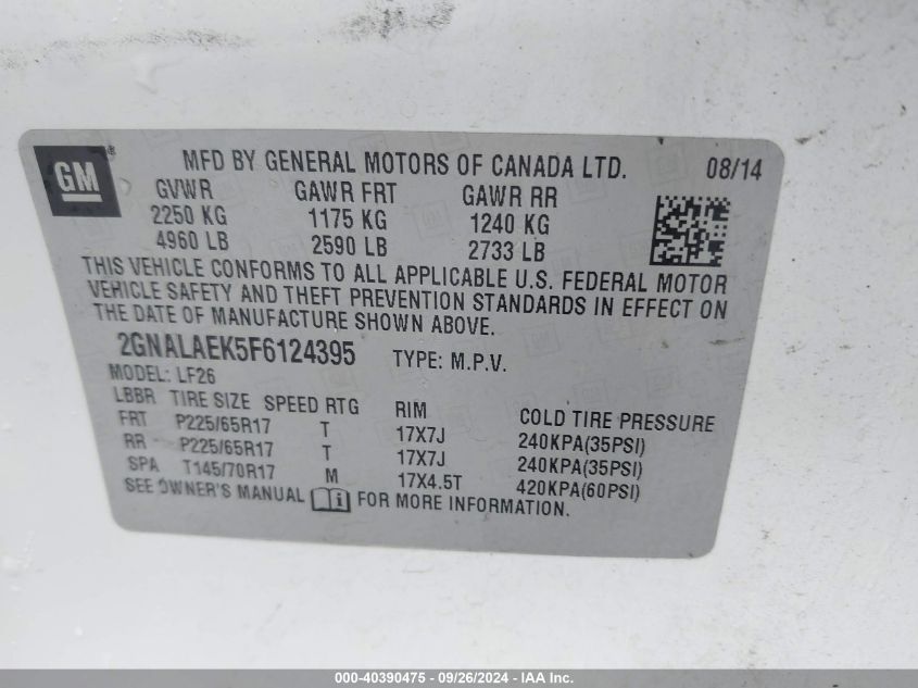 2015 Chevrolet Equinox Ls VIN: 2GNALAEK5F6124395 Lot: 40390475