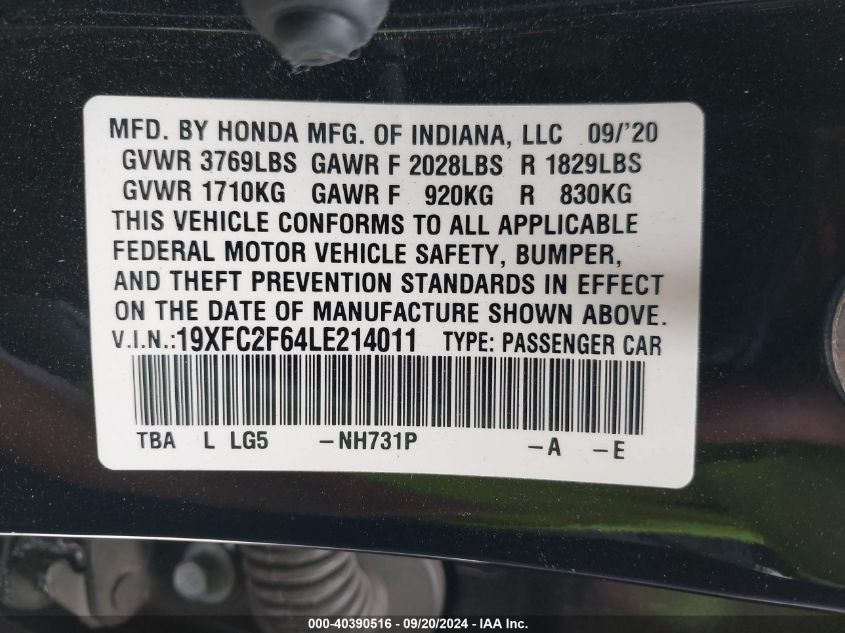 19XFC2F64LE214011 2020 Honda Civic Lx