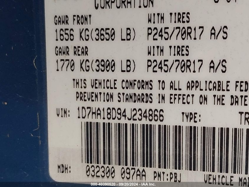 2004 Dodge Ram 1500 Slt/Laramie VIN: 1D7HA18D94J234866 Lot: 40390520