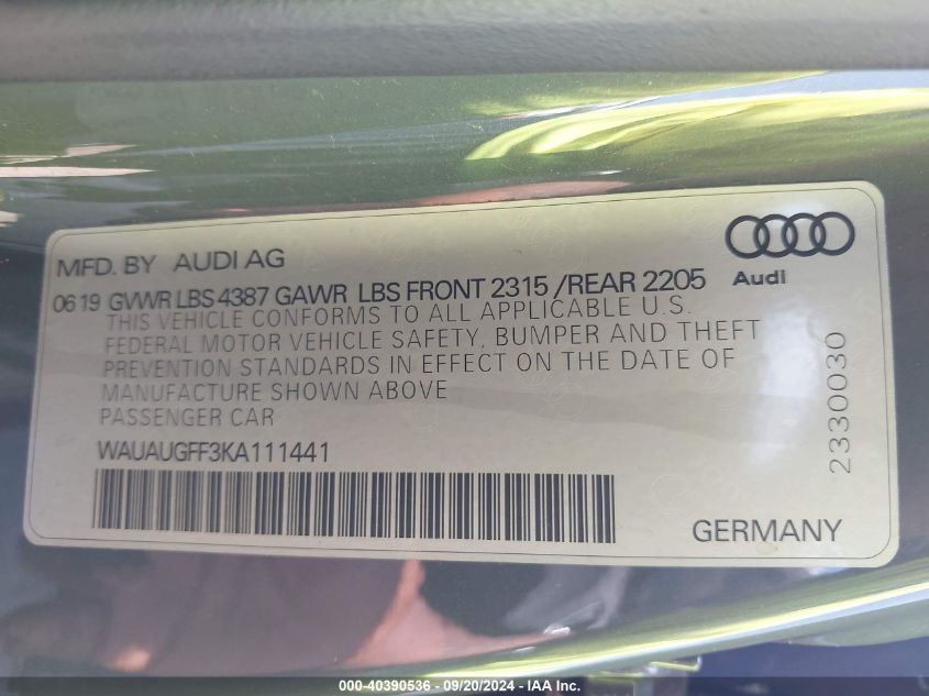 2019 Audi A3 40 Titanium Premium VIN: WAUAUGFF3KA111441 Lot: 40390536