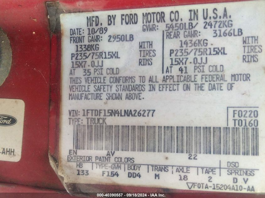 1FTDF15N4LNA26277 1990 Ford F150