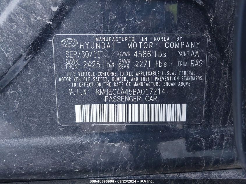 2011 Hyundai Sonata Hybrid VIN: KMHEC4A45BA017214 Lot: 40390604