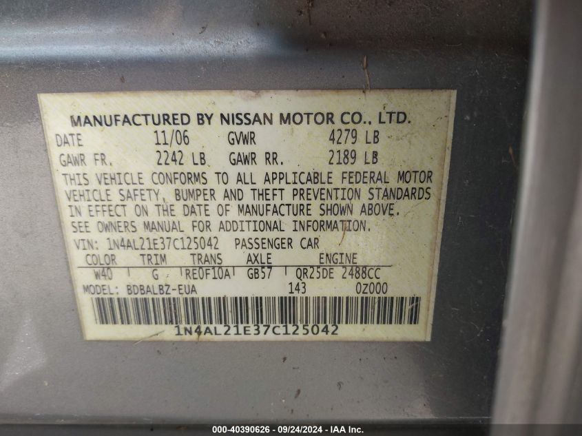 1N4AL21E37C125042 2007 Nissan Altima 2.5 S