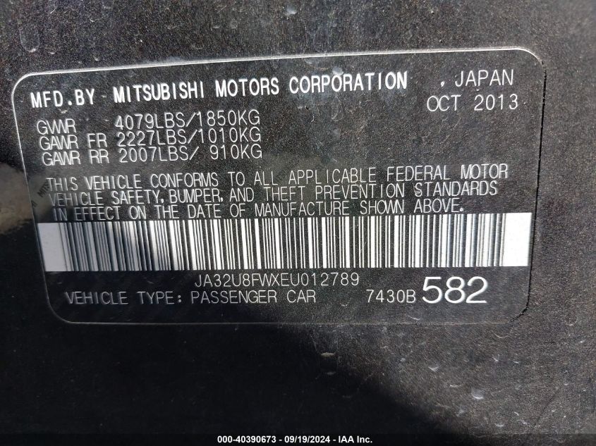 JA32U8FWXEU012789 2014 Mitsubishi Lancer Gt