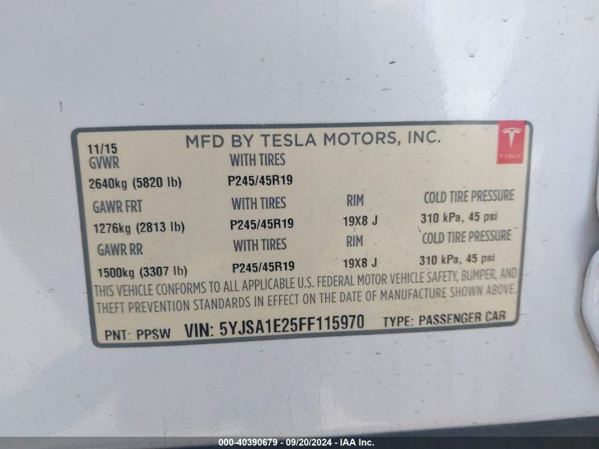 2015 Tesla Model S 70D/85D/P85D VIN: 5YJSA1E25FF115970 Lot: 40390679