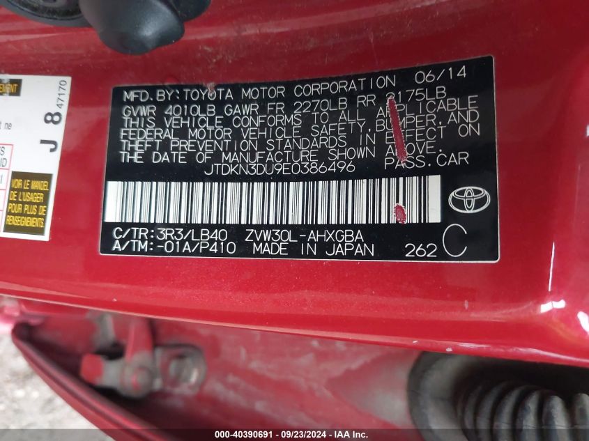 JTDKN3DU9E0386496 2014 Toyota Prius Four