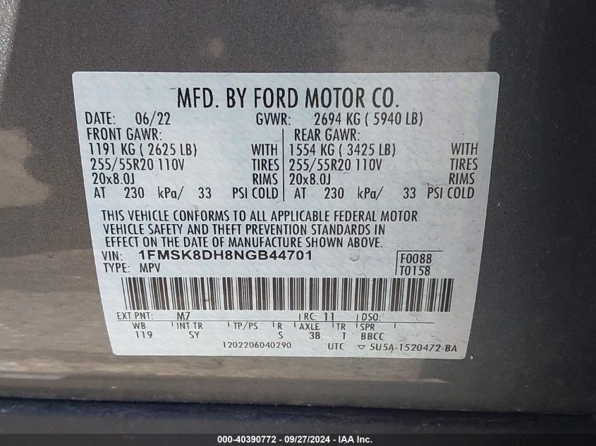 1FMSK8DH8NGB44701 2022 Ford Explorer Xlt