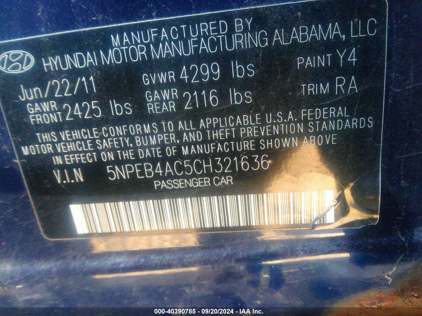 5NPEB4AC5CH321636 2012 Hyundai Sonata Gls