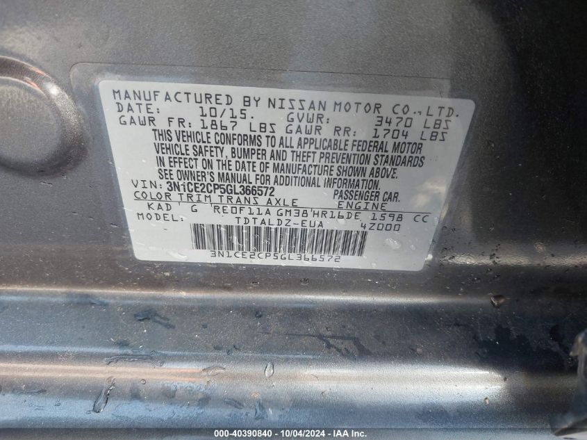 3N1CE2CP5GL366572 2016 Nissan Versa Note S (Sr)/S Plus/Sl/Sr/Sv