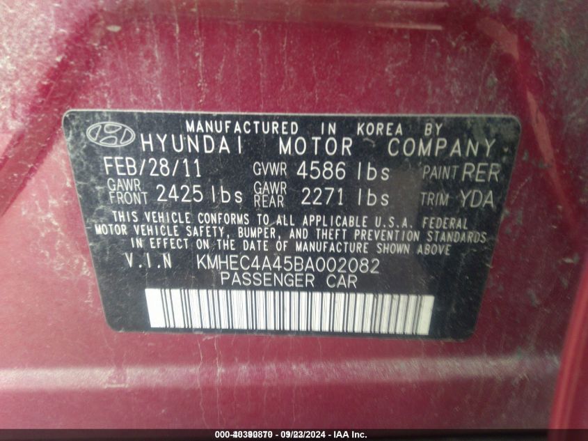 2011 Hyundai Sonata Hybrid VIN: KMHEC4A45BA002082 Lot: 40390870