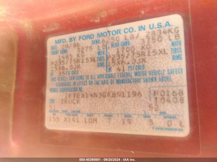 1986 Ford F150 VIN: 1FTEX14N3GKB91196 Lot: 40390881