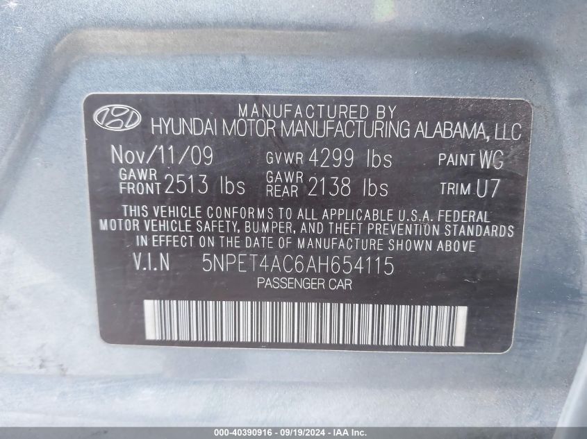 5NPET4AC6AH654115 2010 Hyundai Sonata Gls