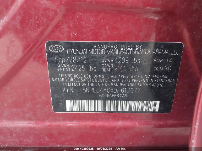 5NPEB4ACXDH613977 2013 Hyundai Sonata Gls