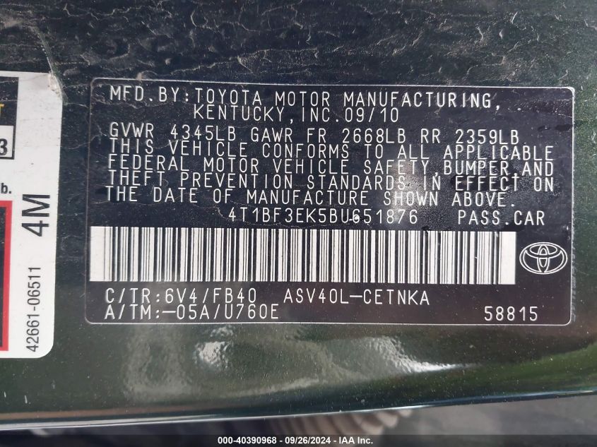 4T1BF3EK5BU651876 2011 Toyota Camry Se/Le/Xle