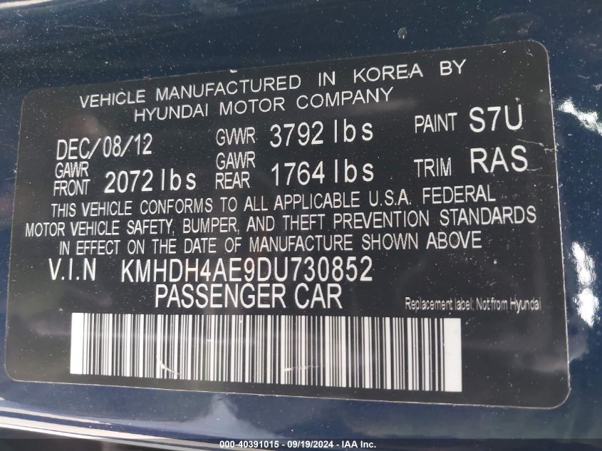 KMHDH4AE9DU730852 2013 Hyundai Elantra Gls