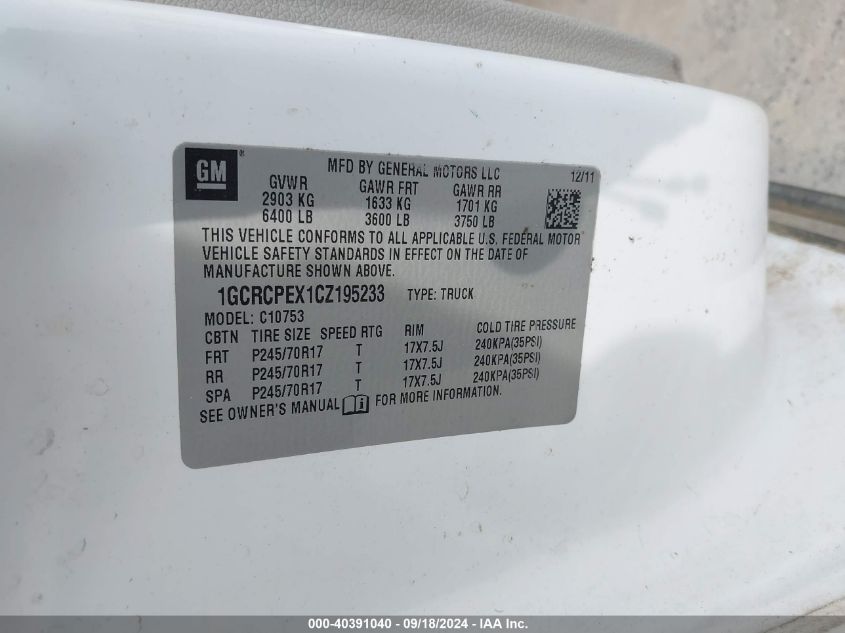 1GCRCPEX1CZ195233 2012 Chevrolet Silverado 1500 Work Truck