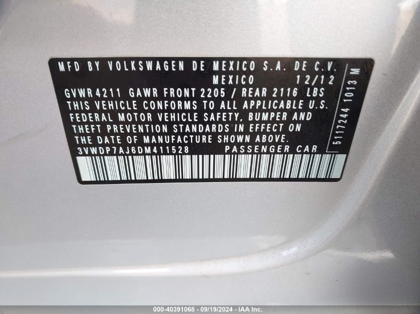 3VWDP7AJ6DM411528 2013 Volkswagen Jetta 2.5L Se