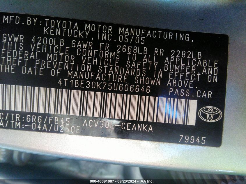 4T1BE30K75U606646 2005 Toyota Camry Le